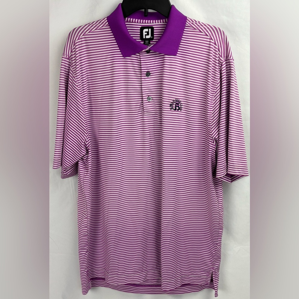 Footjoy Purple White Striped Golf Short Sleeve Polo Shirt Large Hiwan Logo
